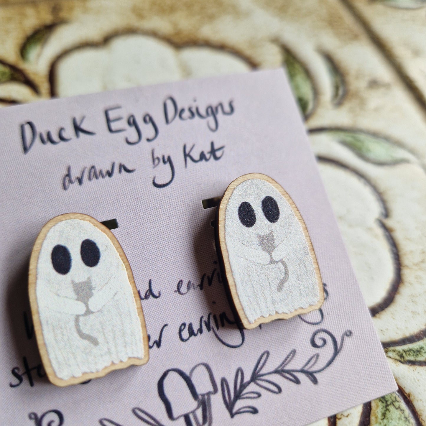 Ghost and Cat Wooden Stud Earrings