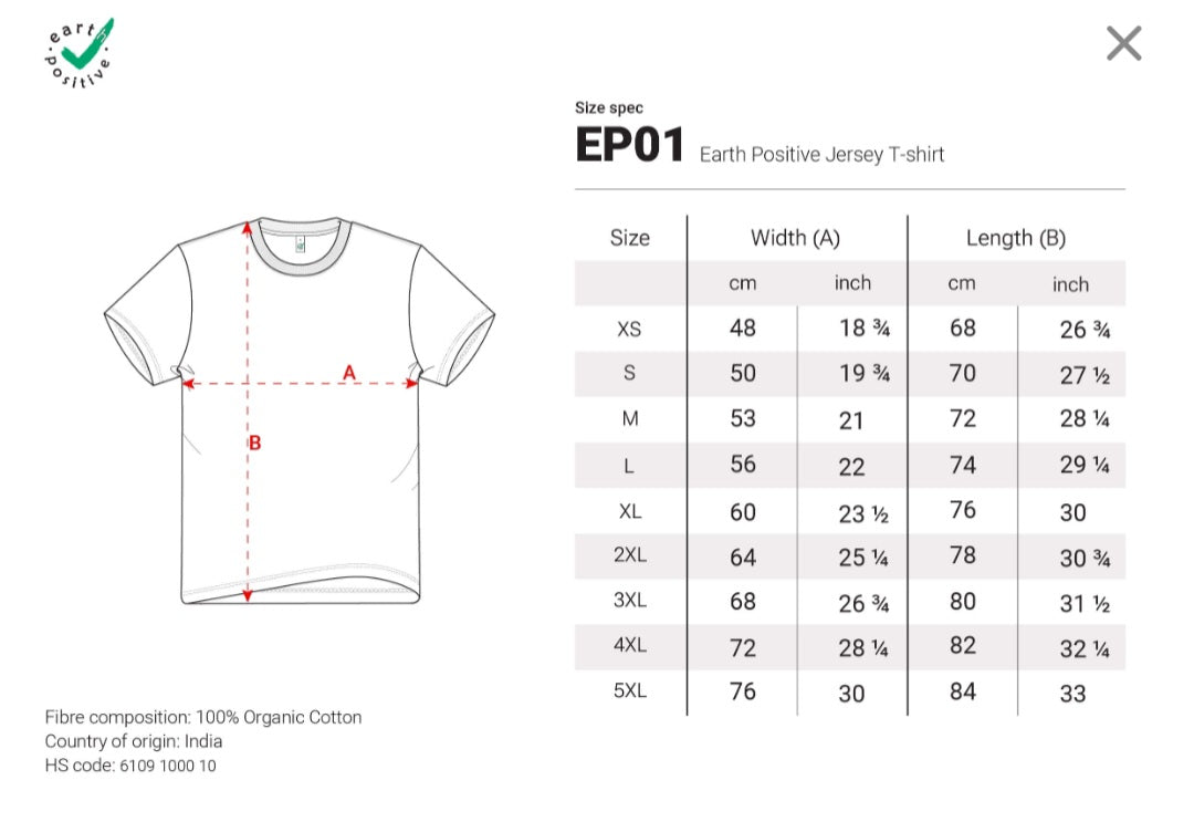 Size chart for Duck Egg Designs’ Black Poison Plants Tshirt, showing a diagram with width and length lines plus a table of XS–5XL measurements in cm/inches. Ideal for customized screen-printed tees.
