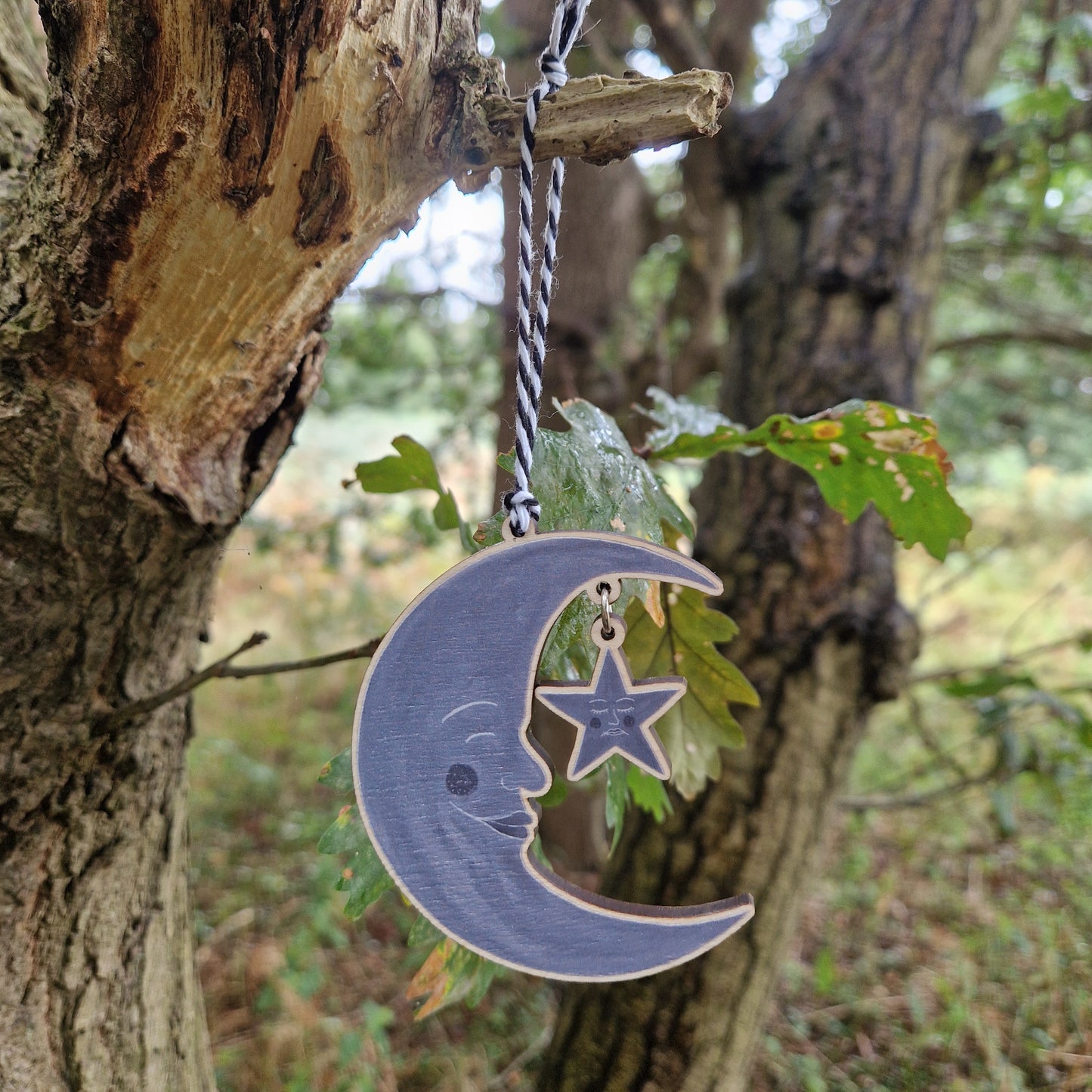 Crescent Moon And Star Wooden Hanging Decoration