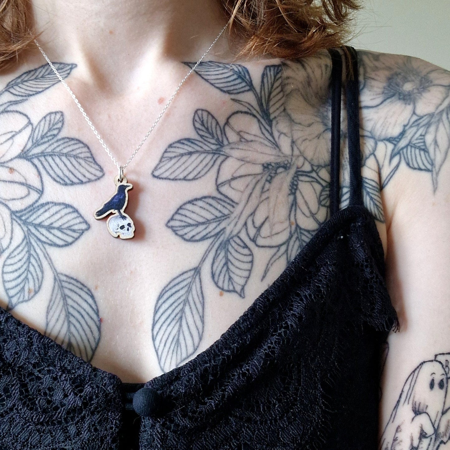 Crow and Human Skull Necklace