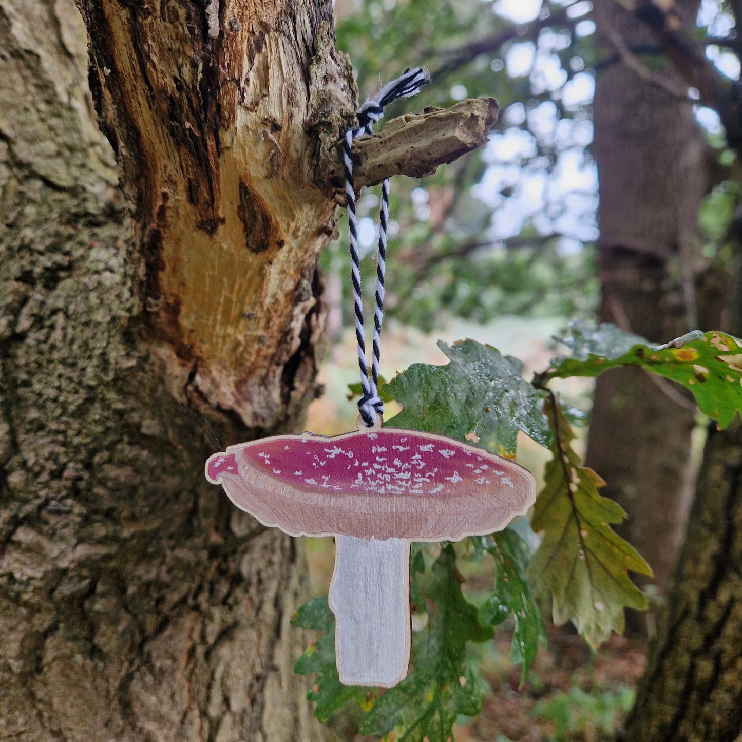 The Fly Agaric Fungi Toadstool Hanging Decoration by Duck Egg Designs, shaped and painted like a red and white mushroom, hangs from a tree branch with green leaves in the background.