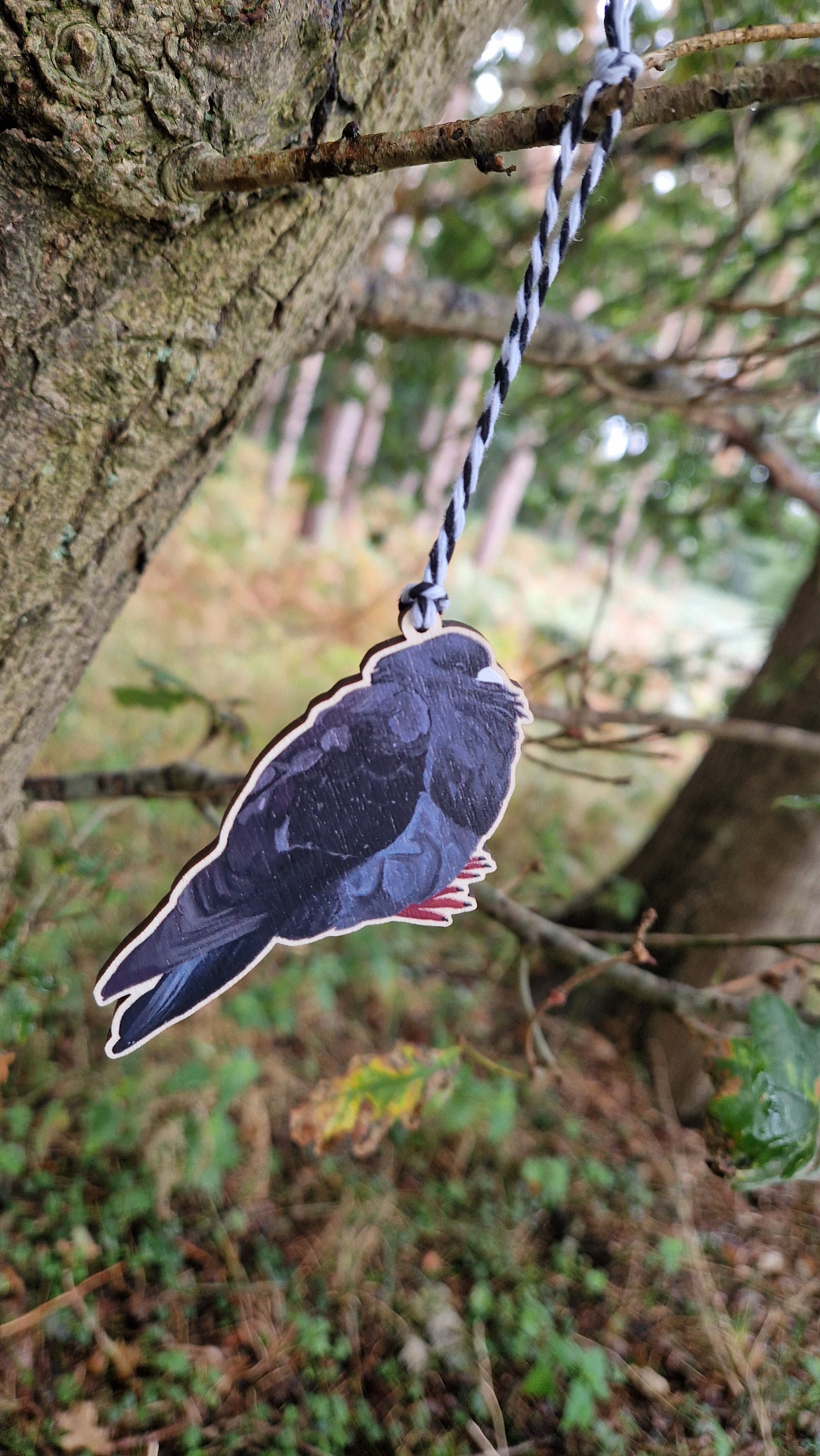 The Bob Chonky Pigeon Hanging Decoration by Duck Egg Designs is a black paper pigeon on a black-and-white string, perfect for hanging from a tree branch in any outdoor wooded area.