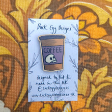 Load image into Gallery viewer, Skull Coffee Cup Wooden Pin Badge

