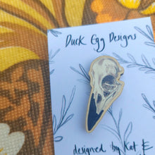 Load image into Gallery viewer, Raven Skull Wooden Pin Badge
