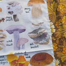 Load image into Gallery viewer, A close up of the middle right of the tea towel showing for L tomR, top to bottom a shaggy parasol, a penny bun, a wood blewit and an oak bracket fungi all on an off white background. To the right of the tea towel you can see a warm brown floral patterned retro fabric.

