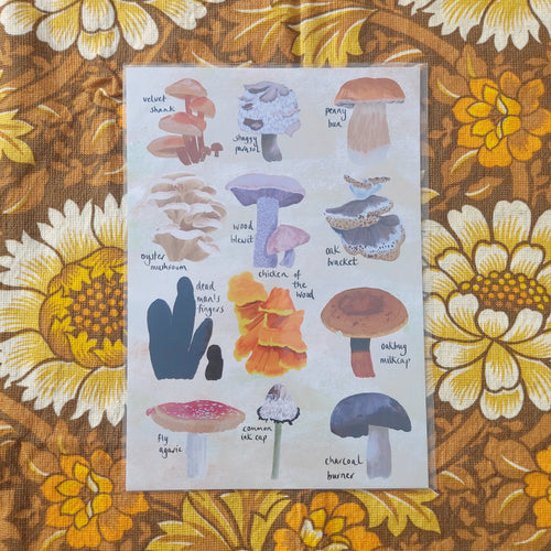 A print wrapped in a compostable sleeve featuring 12 different British fungi sits on a warm brown retro floral patterned fabric.