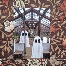 Load image into Gallery viewer, A photo of the inside of a greenhouse with a group of ghost inside sits on a brown floral background
