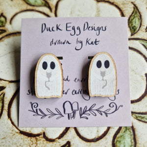 Ghost and Cat Wooden Stud Earrings