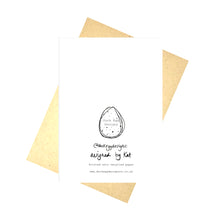 Load image into Gallery viewer, Back of the card showing the Duck Egg Designs logo as well as our instagram handle, the words &#39;designed by Kat&#39; in black handwriting, and our website address. Behind the card you can see a brown envelope in front of a white background.
