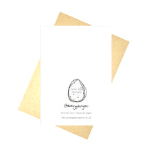 Load image into Gallery viewer, Back of the card showing the Duck Egg Designs logo as well as our instagram handle, the words &#39;designed by Kat&#39; in black handwriting, and our website address. Behind the card you can see a brown envelope in front of a white background.
