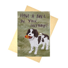 Load image into Gallery viewer, Green card with a brown and white springer spaniel holding a red and yellow ball. Above the dog is some deep purple writing which reads ‘Have A Ball On Your Birthday!’. Behind the card is a brown envelope on a white background.

