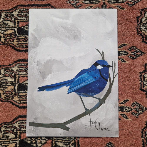 A grey textured background print with a blue bird with white and black markings sat on a dark brown branch above the words ‘fairy wren’ in black handwriting. The print sits on a red patterned background.