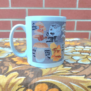The left hand side of a white mug with a british fungi design, sat on a brown retro floral fabric in front of a red brick wall.