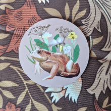 Load image into Gallery viewer, A circle coaster with a pale pink background sits on a retro brown floral background. The coaster features a common toad surrounded by wildflowers and fungi.
