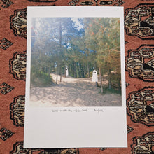 Load image into Gallery viewer, The A4 version of the ghost print sits on a red textured patterned background. The print features two ghost floating in the shade of pine trees above a sandy beach.
