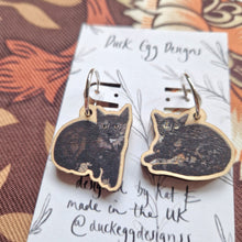 Load image into Gallery viewer, A close up of a mixed pair of black tortoiseshell cat sister earrings. The charms are on silver hoops hanging from a white backing card with a black leafy vine design and the words ‘Duck Egg Designs’ across the top. Behind the backing card you can see a retro floral patterned fabric in browns and oranges.
