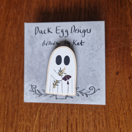 Ghost Holding Flowers Pin Badge