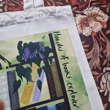 Load image into Gallery viewer, A close up view of the top left of the bag design showcasing the colours and detail in the plant and books. To the right and above the bag you can see a brown retro floral patterned background.
