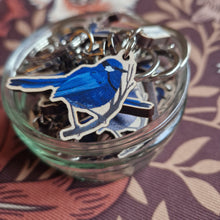 Load image into Gallery viewer, A small glass dish sits on a retro floral patterned background. The dish is full of blue fairy wren keyrings with silver hardware.
