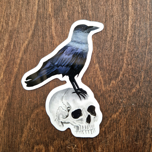 Crow On Human Skull Vinyl Sticker