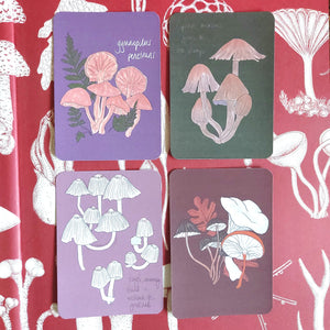 Four mini postcards with rounded edges in a square formation on top of a red background with white fungi illustrations. From L to R, top to bottom is a purple postcard featuring fungi and ferns, a dark green postcard featuring fungi, a dusty pink fungi postcard and a dark red fungi and oak leaf postcard.