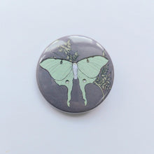 Load image into Gallery viewer, A lilac grey circle badge can be seen in the middle of the photo in front of a white background. The badge features a pastel green luna moth in the centre with a golden cow parsley behind it.
