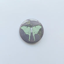 Load image into Gallery viewer, A lilac grey circle badge can be seen in the middle of the photo in front of a white background. The badge features a pastel green luna moth in the centre with a golden cow parsley behind it.
