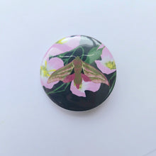 Load image into Gallery viewer, A dark blue circular badge sits on a white background. The badge features a full colour elephant hawkmoth in front of pink evening primrose flower.
