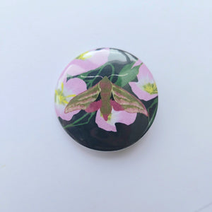 A dark blue circular badge sits on a white background. The badge features a full colour elephant hawkmoth in front of pink evening primrose flower.