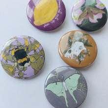 Load image into Gallery viewer, Five badges are visible across a white background, from L to R - a lilac badge with a fluffy bumblebee and honeysuckle across it, a pink badge with a yellow lemon and white writing. A lilac grey badge with a pastel green luna moth and golden cow parsley, a mustard brown badge with a dog skull and dogbane on it and a dark blue badge featuring an elephant hawk-moth in front of some pink evening primrose.
