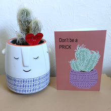 Load image into Gallery viewer, Orange card with a green cactus in a purple pot featuring the words &#39;Don&#39;t be a PRICK&#39; in black in the top left corner. To the left of the card is a white pot featuring a face with the cactus that inspired the illustration.
