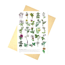 Load image into Gallery viewer, White card with a colourful A to Z of flowers across it. At the bottom of the card is a list of the flowers names, and behind the card is a brown envelope behind which is a white background.
