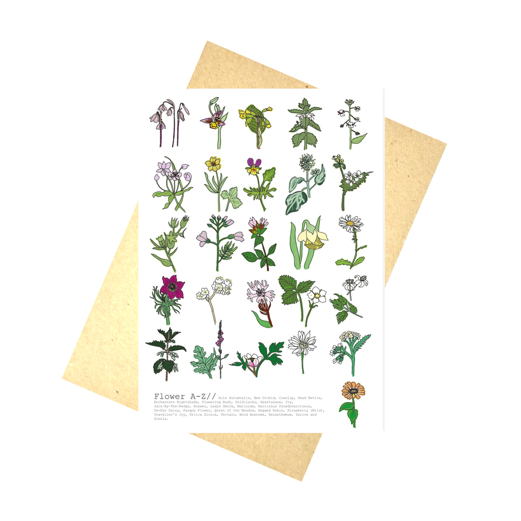White card with a colourful A to Z of flowers across it. At the bottom of the card is a list of the flowers names, and behind the card is a brown envelope behind which is a white background.