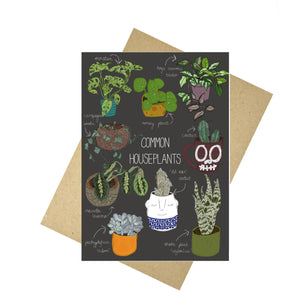 Grey card covered in houseplant illustrations in different shades of green. From L to R, top to bottom - monstera, money plant, hoya carnosa tricolour, ceropegia woodii, cactus, maranta leuconeura, old man cactus, pachyphytum rubra and a snakeplant 'zeylanica' in a mix of different pots. Under the card is a brown envelope, beneath which is a white background.