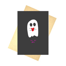 Load image into Gallery viewer, A black card with a white ghost on it holding a red heart above the words &#39;FOR MY BOO&#39; on hot pink writing. Behind the card you can see a brown envelope in front of a white background.
