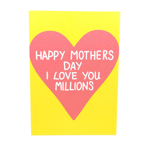 Yellow card featuring a large red heart with the words 'HAPPY MOTHERS DAY I LOVE YOU MILLIONS' in white writing. Behind the card is a white background.