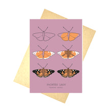 Load image into Gallery viewer, A warm pink card featuring the drawing stage for a pinted lady butterfly across six outlines. At the bottom of the card are the english and latin versions of the name written in black. Behind the card is a brown envelope, behind which is a white background.
